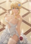  1girl absurdres alcohol aqua_eyes artoria_pendragon_(all) artoria_pendragon_(lancer) bare_arms bare_shoulders blonde_hair blue_flower braid breasts center_opening cleavage collarbone commentary cup dress drinking_glass fate/grand_order fate_(series) flower french_braid from_above garter_straps hair_flower hair_ornament hand_up highres holding holding_cup jewelry large_breasts long_hair looking_at_viewer necklace rose see-through sleeveless sleeveless_dress smile solo strapless strapless_dress thighhighs tile_floor tiles white_dress wine wine_glass yohan1754 