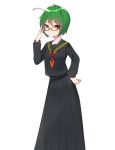  1girl adjusting_eyewear alternate_costume antennae bespectacled black_serafuku cowboy_shot glasses green_eyes green_hair hand_on_hip highres katsuobushi_(eba_games) long_sleeves looking_at_viewer neckerchief red-framed_eyewear red_neckwear school_uniform serafuku short_hair simple_background skirt smirk solo touhou white_background wriggle_nightbug 