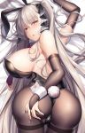  1girl absurdres animal_ears ass azur_lane back bad_anatomy bangs bare_shoulders black_leotard blush breasts bridal_gauntlets bunny_ears bunny_tail bunnysuit dakimakura detached_collar formidable_(azur_lane) grey_hair hair_ribbon highleg highleg_leotard highres huge_breasts leotard long_hair looking_at_viewer open_mouth pantyhose pupupu_(1053378452) red_eyes ribbon solo tail twintails two-tone_ribbon very_long_hair wrist_cuffs 