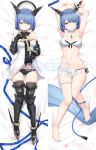  1girl :o armored_boots arms_up azur_lane bangs bare_legs bare_shoulders barefoot bed_sheet bikini black_bikini_bottom black_collar black_footwear black_gloves black_panties blue_hair blue_nails boots bracelet breasts brown_legwear closed_mouth collar collarbone commentary dakimakura detached_collar dress dress_lift flower gascogne_(azur_lane) gloves groin hair_flower hair_ornament hair_over_one_eye hand_up headgear heijialan jewelry latin_cross lifted_by_self looking_at_viewer lying medium_breasts multiple_views nail_polish navel on_back panties parted_lips rose see-through short_hair side-tie_bikini strapless strapless_dress swimsuit thighhighs toenails underwear white_bikini_top white_dress white_flower white_rose yellow_eyes 