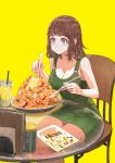  1girl bare_arms bare_legs bare_shoulders breasts brown_hair chair cleavage collarbone cup dress drink drinking_glass drinking_straw food green_dress highres holding holding_spoon jun_(seojh1029) large_breasts long_hair original pasta plate purple_eyes simple_background sitting sleeveless sleeveless_dress solo spaghetti spoon table yellow_background 