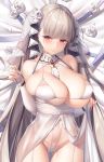  1girl absurdres azur_lane bangs bare_shoulders between_breasts blush breasts breasts_outside bridal_gauntlets bridal_veil closed_mouth collarbone dakimakura detached_collar dress flower formidable_(azur_lane) garter_straps grey_hair hair_ribbon highres huge_breasts long_hair looking_at_viewer panties pupupu_(1053378452) red_eyes ribbon rose solo twintails two-tone_ribbon underwear veil very_long_hair white_bikini_top white_dress white_flower white_panties white_rose 