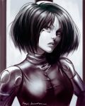  1girl breasts cyborg facial_mark gally gunnm looking_at_viewer monochrome rejean_dubois short_hair solo 