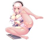  areola bra breast_hold business_suit censored cleavage feet headphones open_shirt pantsu pantyhose pussy pussy_juice seifuku shimapan skirt_lift sonico super_sonico thong torn_clothes transparent_png v-mag 