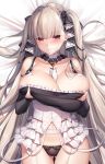  1girl absurdres azur_lane bangs bare_shoulders between_breasts black_dress black_panties blush breast_hold breasts cleavage closed_mouth collarbone dakimakura detached_collar detached_sleeves dress earrings formidable_(azur_lane) frilled_dress frills grey_hair highres huge_breasts jewelry long_hair looking_at_viewer panties pout puffy_cheeks pupupu_(1053378452) red_eyes ribbon solo twintails two-tone_dress two-tone_ribbon underwear very_long_hair 