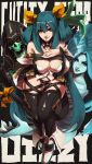  1girl absurdres bangs bare_shoulders blue_eyes blue_hair blue_skin breasts brown_eyes cleavage cloak curvy detached_sleeves dizzy english_commentary guilty_gear hair_between_eyes hair_ribbon highres hood large_breasts long_hair looking_at_viewer monori_rogue ribbon skeleton tail tail_ribbon thigh_strap thighhighs thighs wings yellow_ribbon 