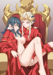  2girls blush breasts byleth_(fire_emblem) byleth_(fire_emblem)_(female) cape closed_eyes clothed_female_nude_female double_bun edelgard_von_hresvelg eyebrows_visible_through_hair fingering fire_emblem fire_emblem:_three_houses green_hair iceky looking_at_another multiple_girls naked_cape nude open_mouth pussy pussy_juice red_cape silver_hair sitting sitting_on_lap sitting_on_person smile throne tiara yuri 