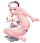  bra breast_hold business_suit censored cleavage feet headphones open_shirt pantsu pantyhose pussy pussy_juice shimapan skirt_lift sonico super_sonico thong torn_clothes v-mag 