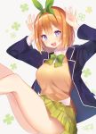  1girl :d absurdres arms_up artist_name bangs bare_legs blazer blue_eyes blue_jacket blush bow breasts clover collared_shirt eyebrows_visible_through_hair feet_out_of_frame go-toubun_no_hanayome green_bow green_neckwear green_ribbon green_skirt hair_between_eyes hair_ornament hair_ribbon highres jacket long_sleeves looking_at_viewer medium_hair nakano_yotsuba open_mouth orange_hair patterned_background pleated_skirt ribbon school_uniform shirt signature skirt smile solo teeth uniform v-shaped_eyebrows yellow_shirt yushima 