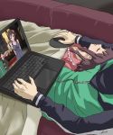  1boy 1girl blanket closed_eyes computer flat_chest highres jacket kono_subarashii_sekai_ni_shukufuku_wo! laptop long_sleeves luizhtx lying megumin meme mouse mousepad_(object) on_back pajamas satou_kazuma sidelocks sleeping yunyun_(konosuba) 