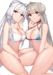  2girls ahoge azur_lane bikini bottomless braid breasts choker cleavage collarbone commentary_request criss-cross_halter double_bun flower formidable_(azur_lane) formidable_(the_lady_of_the_beach)_(azur_lane) hair_bun hair_flower hair_ornament halterneck highres illustrious_(azur_lane) large_breasts light_smile long_hair looking_at_viewer mole mole_under_eye multiple_girls navel parted_lips purple_eyes red_eyes sikijou77o swimsuit thighs twintails very_long_hair white_background 
