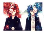  2boys black_jacket black_kimono blue_eyes blue_flower blue_hair brothers camellia closed_mouth collared_shirt flower formal hair_ornament jacket japanese_clothes kimono looking_at_viewer male_focus mask mask_on_head mask_over_one_eye matsuno_karamatsu matsuno_osomatsu mochinu multiple_boys necktie one_eye_covered osomatsu-kun osomatsu-san pom_pom_(clothes) red_eyes red_flower red_hair shirt siblings side-by-side smile suit tassel upper_body vest waistcoat white_background white_neckwear white_shirt white_vest 