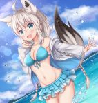  1girl absurdres ahoge animal_ear_fluff animal_ears armpits bangs bare_shoulders beach bikini bikini_skirt bikini_top blue_eyes blush braid breasts clenched_hand cloud cloudy_sky collarbone eyebrows_visible_through_hair fox_ears fox_girl fox_tail hair_between_eyes hand_on_own_chin hand_up highres hololive hood hood_down hoodie huge_filesize island large_breasts long_hair long_sleeves looking_away namekuji_ojiichan official_alternate_costume open_clothes open_hoodie open_mouth outstretched_arm shirakami_fubuki side_braid silver_hair sky sleeves_past_wrists solo sunlight swimsuit tail thighs twin_braids virtual_youtuber water wavy_mouth 