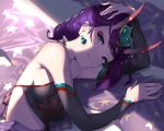  1girl bare_shoulders breasts chinese_clothes choker detached_sleeves dudou earrings essual_(layer_world) eyelashes eyeliner fate/grand_order fate_(series) hair_ornament hikimayu horns jewelry long_hair lying makeup on_side oni ponytail purple_eyes purple_hair shuten_douji_(fate/grand_order) shuten_douji_(halloween_caster)_(fate) smile solo 
