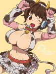  1girl animal_ear_headphones animal_ears animal_print bell breasts brown_eyes brown_hair cow_bell cow_ears cow_horns cow_print cow_tail detached_sleeves frilled_skirt frills headset highres horns idolmaster idolmaster_cinderella_girls large_breasts midriff navel oikawa_shizuku one_eye_closed short_hair skirt tail yellow_background 