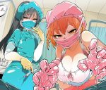  2girls apron bangs bare_shoulders black_hair blue_eyes breasts cleavage clock flat_chest gloves halterneck hat kafun long_hair looking_at_viewer mask multiple_girls orange_eyes orange_hair pink_gloves pink_legwear short_hair syringe thighhighs yahari_ore_no_seishun_lovecome_wa_machigatteiru. yuigahama_yui yukinoshita_yukino 