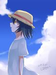  1girl alternate_hair_length alternate_hairstyle artist_name bangs black_hair blue_sky brown_eyes brown_headwear cloud cloudy_sky commentary crying crying_with_eyes_open dated day dress from_side girls_und_panzer hat highres jimanaka_(yukinosingun) long_hair medium_hair open_mouth outdoors reizei_mako short_sleeves signature sky solo standing straw_hat tears upper_body white_dress 