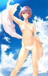  1girl absurdres arm_up bangs bikini blue_sky blunt_bangs bob_cut breasts cloud collarbone contrapposto day dress_shirt eyebrows_visible_through_hair groin highres hip_bones holding holding_shirt inaba_makoto legs_apart looking_at_viewer mole mole_on_neck navel original outdoors parted_lips purple_eyes purple_hair shirt shirt_removed short_hair sky small_breasts solo standing sunlight swimsuit white_bikini 