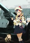  2girls annin_musou bangs belt beret black_dress black_legwear blonde_hair blue_eyes blue_hair commandant_teste_(kantai_collection) commentary_request double-breasted dress fairy_(kantai_collection) ground_vehicle hat highres kantai_collection kneehighs long_hair long_sleeves military military_vehicle motor_vehicle multicolored multicolored_clothes multicolored_hair multicolored_scarf multiple_girls open_mouth plaid plaid_scarf pom_pom_(clothes) ponytail red_hair scarf streaked_hair swept_bangs vehicle_request wavy_hair white_hair 