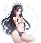  1girl bangs bare_legs bare_shoulders black_hair black_ribbon blurry blurry_background breasts cleavage closed_mouth commentary_request depth_of_field eyebrows_visible_through_hair fate/grand_order fate_(series) forehead groin hair_ribbon hand_up heart highres ishtar_(fate/grand_order) long_hair looking_at_viewer meow_nyang navel parted_bangs red_eyes revealing_clothes ribbon small_breasts solo tiara two_side_up very_long_hair white_background 