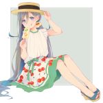  1girl :q alternate_costume bangs blue_eyes blush bow buckle cherry cherry_print colis earrings fingernails food food_print frills fruit full_body gradient_hair grey_hair hand_on_headwear hat holding jewelry kantai_collection kiwifruit kiyoshimo_(kantai_collection) long_hair looking_at_viewer multicolored_hair nail_polish orange platform_footwear platform_heels popsicle red_nails short_sleeves sitting skirt smile solo strawberry toenail_polish toenails tongue tongue_out twintails twitter_username very_long_hair 