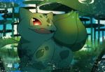  :3 blue_sky blurry blurry_background bulbasaur claws cloud day dew_drop fangs full_body gen_1_pokemon happy highres leaf lily_pad looking_up no_humans open_mouth outdoors plant pokemon pokemon_(creature) red_eyes sitting sky smile solo water water_drop yukifuri_tsuyu 