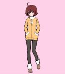  1girl adapted_costume ahoge black_pants brown_hair cardigan flat_chest full_body fur_collar fur_trim hands_in_pockets highres huge_ahoge leg_warmers linne long_legs looking_at_viewer pants pink_background purple_eyes short_hair smile solo tb_(spr1110) under_night_in-birth walking winter_clothes 