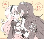  2girls armor cape corrin_(fire_emblem) corrin_(fire_emblem)_(female) eromame fingerless_gloves fire_emblem fire_emblem_awakening fire_emblem_fates from_side gloves hairband long_hair long_sleeves lucina_(fire_emblem) monochrome multiple_girls open_mouth pointy_ears simple_background tiara twitter_username yuri 