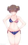  1girl absurdres alisa_(girls_und_panzer) american_flag_bikini ass_visible_through_thighs bangs bikini blush breasts brown_eyes brown_hair closed_mouth commentary cowboy_shot flag_print freckles frown girls_und_panzer hair_ornament hands_on_hips highres looking_at_viewer medium_breasts navel oze_(xyz_go_go11) short_hair short_twintails side-tie_bikini simple_background solo standing star star_hair_ornament sweat swimsuit thigh_gap twintails twitter_username v-shaped_eyebrows white_background 