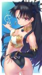  1girl armlet ass asymmetrical_legwear asymmetrical_sleeves bangs bare_shoulders black_bikini_bottom black_bow black_hair blue_background blush border bow breasts cleavage closed_mouth detached_collar detached_sleeves earrings fate/grand_order fate_(series) hair_bow hoop_earrings ishtar_(fate/grand_order) jewelry long_hair looking_at_viewer medium_breasts neck_ring nyantiu parted_bangs red_eyes single_detached_sleeve smile solo thighs tiara two_side_up white_bikini_top white_border 