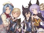  2boys 2girls animal_ears arm_hug armor arthur_(granblue_fantasy) bangs belt black_gloves black_hair blonde_hair blue_hair blush breast_press breasts brown_eyes capelet cleavage closed_mouth commentary_request dress erune eyebrows_visible_through_hair floral_print gloves granblue_fantasy green_eyes grin hair_between_eyes hair_ribbon hat hinami_(hinatamizu) large_breasts lips long_hair long_sleeves looking_at_viewer low_twintails mordred_(granblue_fantasy) multiple_boys multiple_girls one_eye_closed open_mouth order_of_the_white_dragon_uniform purple_eyes purple_hair red_eyes ribbon satyr_(granblue_fantasy) simple_background smile sophia_(granblue_fantasy) sword twintails very_long_hair weapon white_background 