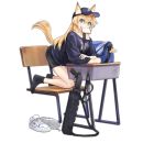  1girl alternate_costume animal_ear_fluff animal_ears bag bangs black_legwear black_shorts blonde_hair blue_eyes blue_headwear blue_shirt blush breasts cat_ears cat_tail chair desk ears_through_headwear eyebrows_visible_through_hair fang food food_in_mouth girls_frontline goggles goggles_removed gun hat holster idw_(girls_frontline) kisetsu kneeling large_breasts long_hair looking_at_viewer m500_(girls_frontline) mossberg_500 mouth_hold school_bag shirt shoes shoes_removed shorts shotgun smile snap-fit_buckle sneakers socks solo tail toast toast_in_mouth transparent_background weapon white_footwear 