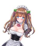  .live absurdres arms_behind_back blue_eyes blush breasts brown_hair cherry_hair_ornament cleavage collarbone food_themed_hair_ornament hair_ornament highres kakyouin_chieri kutar22 large_breasts long_hair looking_at_viewer maid maid_headdress ribbon simple_background virtual_youtuber white_background 