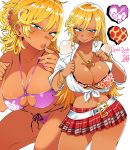  1girl :p animal_print belt bikini blonde_hair blue_eyes blush bracelet breasts cleavage dark_skin earrings gyaru hair_between_eyes jewelry jk_bitch_sannin_musume! kafun leopard_print long_hair looking_at_viewer midriff multiple_views navel necklace pleated_skirt ponytail purple_bikini purple_nails sasamori_anna simple_background skirt smile swimsuit tongue tongue_out very_long_hair white_background 