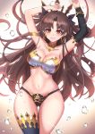  1girl armlet armpits arms_up asymmetrical_legwear asymmetrical_sleeves bangs bikini black_bikini_bottom black_bow blush bow breasts brown_hair cleavage collarbone detached_collar earrings fate/grand_order fate_(series) hair_bow highleg highleg_bikini highres hoop_earrings ishtar_(fate/grand_order) jewelry large_breasts long_hair looking_at_viewer navel neck_ring parted_bangs red_eyes rothy_(user_cezn8425) single_thighhigh smile solo swimsuit thighhighs thighs tiara two_side_up white_bikini_top 