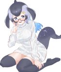  1girl :d absurdres anchor_hair_ornament aqua_hair black-framed_eyewear black_footwear blowhole blue_eyes blue_hair blue_whale_(kemono_friends) blush boots commentary_request dorsal_fin dress eyebrows_visible_through_hair glasses grey_hair hair_ornament hairclip hand_on_own_face highres kemono_friends kona_ming long_hair long_sleeves looking_at_viewer multicolored_hair open_mouth ribbed_sweater semi-rimless_eyewear simple_background sitting smile solo sweater sweater_dress tail thigh_boots thighhighs turtleneck turtleneck_sweater under-rim_eyewear upper_teeth wariza whale_tail_(animal_tail) white_background white_sweater zettai_ryouiki 