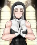  1girl abs biceps breasts cracking_knuckles feathers gloves grey_hair habit half-closed_eyes muscle muscular_female nijisanji nun shibusun sister_cleaire sleeveless solo veins virtual_youtuber you_gonna_get_raped 