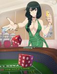  1girl absurdres alcohol borrowed_character bracelet breasts brown_eyes casino champagne choker chuunioniika cleavage commission craps craps_table dice dress earrings gambling green_hair green_nails highres jewelry kazanari_tsubasa large_breasts mountain_dew nail_polish necklace original poker_chip poster_(object) senki_zesshou_symphogear slot_machine smile solo 