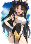  1girl armlet asymmetrical_legwear asymmetrical_sleeves bangs bare_shoulders black_bikini_bottom black_bow black_hair black_legwear blue_sky blush bow breasts detached_sleeves earrings fate/grand_order fate_(series) hair_bow highres hoop_earrings ishtar_(fate/grand_order) jewelry legs long_hair looking_at_viewer neck_ring open_mouth parted_bangs red_eyes satsukinapo single_detached_sleeve sky solo thighhighs thighs tiara two_side_up white_bikini_top 
