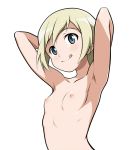  1girl :p armpits arms_behind_head blonde_hair blue_eyes blush breasts closed_mouth collarbone erica_hartmann eyebrows_visible_through_hair looking_at_viewer monousa nipples nude shiny shiny_hair shiny_skin short_hair simple_background small_breasts smile solo strike_witches tongue tongue_out upper_body white_background world_witches_series 