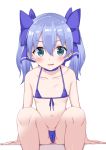  1girl bangs bikini blue_bikini blue_bikini_bottom blue_bikini_top blue_bow blue_choker blue_eyes blue_hair blush bow breasts choker cleavage collarbone flat_chest fuji_yoshida hair_between_eyes hair_bow highres long_hair looking_at_viewer micro_bikini navel nijisanji open_mouth panties pantyshot sidelocks sitting smile solo stomach swimsuit twintails two_side_up underwear virtual_youtuber white_background yuuki_chihiro 