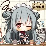  1girl 7:08 apron bucket cat chibi full_body g11_(girls_frontline) girls_frontline highres maid maid_apron maid_cap maid_dress mop one_eye_closed red_eyes sign silver_hair skirt skirt_lift solo 