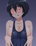  1girl areola_slip areolae black_hair blue_background blush brave_witches breasts cleavage closed_mouth collarbone eyebrows_visible_through_hair gradient gradient_background hiro_yoshinaka large_breasts looking_at_viewer pulled_by_self red_eyes school_swimsuit shimohara_sadako shiny shiny_hair shiny_skin short_hair simple_background smile solo sweat swimsuit swimsuit_pull swimwear tongue tongue_out world_witches_series 