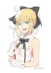 1girl :d absurdres artoria_pendragon_(all) bangs black_bow black_ribbon blonde_hair bow breasts cleavage cropped_torso detached_collar fate/unlimited_codes fate_(series) floating_hair gloves green_eyes hair_between_eyes hair_bow hair_ribbon highres karakuri2357 looking_at_viewer neck_ribbon open_mouth ponytail ribbon saber_lily simple_background sleeveless small_breasts smile solo strapless twitter_username upper_body white_background white_gloves 