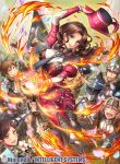  1girl 6+boys arm_up armor breasts brown_hair closed_eyes closed_mouth company_name copyright_name dorothea_arnault earrings fire fire_emblem fire_emblem:_three_houses fire_emblem_cipher flame flower fumi_(butakotai) green_eyes hat helmet holding holding_hat jewelry large_breasts long_hair long_sleeves multiple_boys necktie official_art open_mouth petals smile 