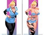  1girl blonde_hair breasts character_name choker cleavage closed_mouth commission dissolving_clothes dress groin large_breasts lastman marianne_velba pantyhose rejean_dubois short_hair solo torn_clothes torn_legwear 
