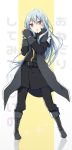  1girl :o androgynous bangs black_coat black_footwear black_pants blue_hair boots floating_hair full_body hair_between_eyes highres long_hair long_sleeves looking_at_viewer mikoto_kei pants red_eyes rimuru_tempest solo standing tensei_shitara_slime_datta_ken very_long_hair 