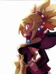  1girl backlighting big_hair blonde_hair blue_earrings bow breasts broom commentary disgaea dress earrings english_commentary from_side hair_ornament hair_pulled_back jewelry large_breasts lips makai_senki_disgaea_2 pink_bow pink_eyes pointy_ears purple_dress ring robert_j_case rozalin solo strapless strapless_dress white_background 