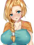  1girl benten_(ioj3446) bianca blonde_hair blue_eyes braid breasts cleavage collarbone commentary_request dragon_quest dragon_quest_v earrings green_shirt highres jewelry large_breasts long_hair looking_at_viewer open_mouth shirt simple_background white_background 