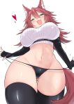  :d absurdres animal_ear_fluff animal_ears ass_visible_through_thighs black_gloves black_legwear black_panties blue_eyes blush breasts elbow_gloves fang fingerless_gloves firo_(shun_soku) gloves heart highres large_breasts looking_down midriff navel no_pants open_mouth original panties panty_lift red_hair ribbed_shirt seductive_smile shirt shun_soku smile tail thighhighs underboob underbust underwear white_background wide_hips wolf_ears wolf_tail 